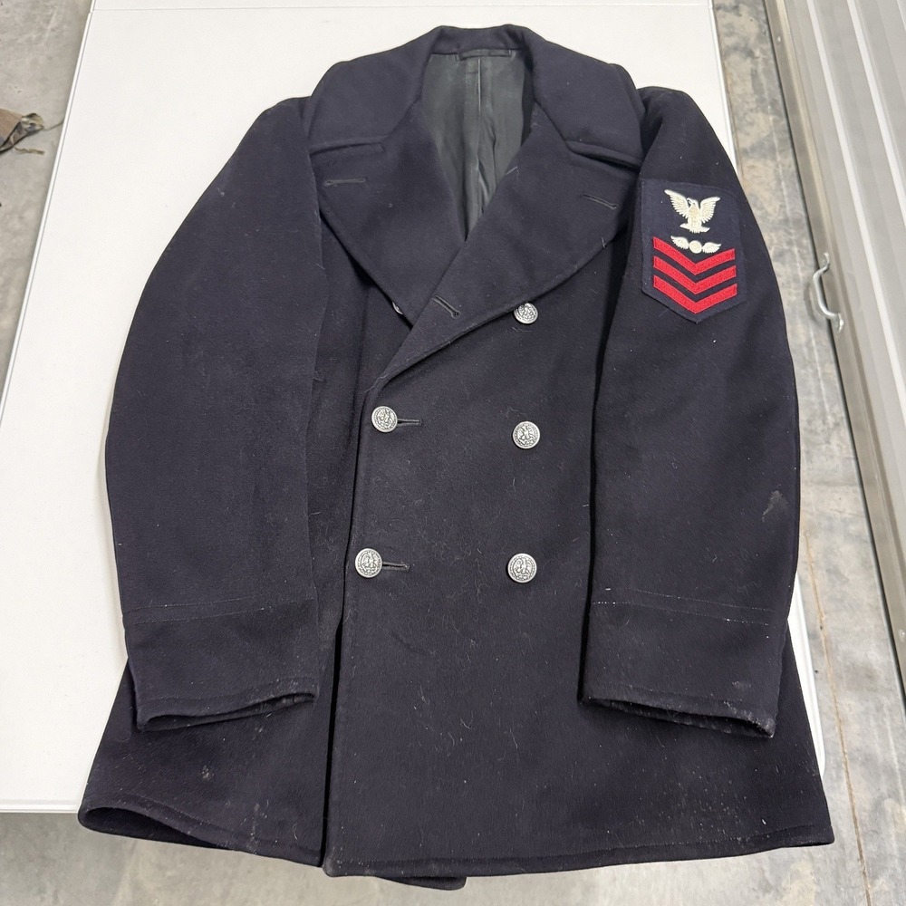 US Navy Pea Coat Mens Large Navy Blue Fair Military Wool Double Breasted Patch